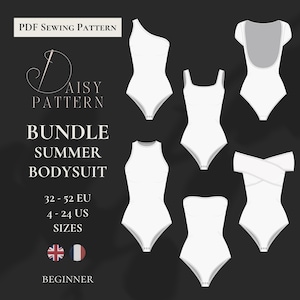 May include: A PDF sewing pattern for a summer bodysuit bundle, featuring six white illustrations of different bodysuit styles including one-shoulder, scoop neck, and off-shoulder designs. Text includes Daisy Pattern, Bundle Summer Bodysuit, 32-52 EU, 4-24 US sizes, and Beginner.