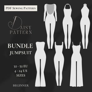 Könnte beinhalten: Ein digitales PDF-Schnittmuster-Bundle für Jumpsuits. Das Bild zeigt mehrere Jumpsuit-Designs in Weiß, darunter rückenfreie, Neckholder- und trägerlose Stile. Das Muster enthält die Größen 32-52 EU und ist für Anfänger geeignet. Der Text "Daisy Pattern" ist ebenfalls sichtbar.