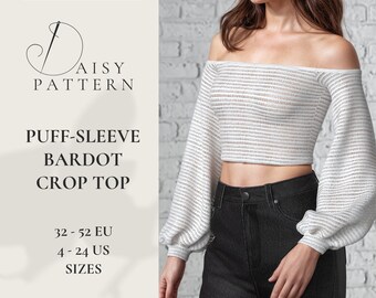 Elegant Bardot Puff Sleeve Crop Top Sewing Pattern PDF - Size 32-52 eu / 4-24 us - DIY Vintage Inspired