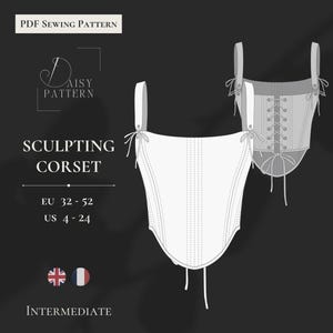May include: A PDF sewing pattern for a sculpting corset, featuring a white line drawing of a sleeveless bodice with shoulder straps and a lace-up back. The text includes "PDF Sewing Pattern," "Daisy Pattern," "Sculpting Corset," "EU 32-52," "US 4-24," and "Intermediate."