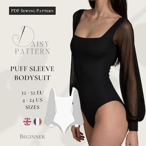 Può includere: Un cartamodello PDF per un body nero con maniche a sbuffo trasparenti. Il testo riporta Daisy Pattern, Puff Sleeve Bodysuit, taglie 32-52 EU, 4-24 US e principiante. È incluso un disegno tecnico del body con i dettagli del modello.