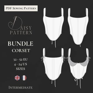 May include: A PDF sewing pattern for a corset bundle, featuring white line drawings of four corset variations on a black background. Text includes "PDF Sewing Pattern," "Daisy Pattern," "Bundle Corset," "32-52 EU," "4-24 US Sizes," and "Intermediate."