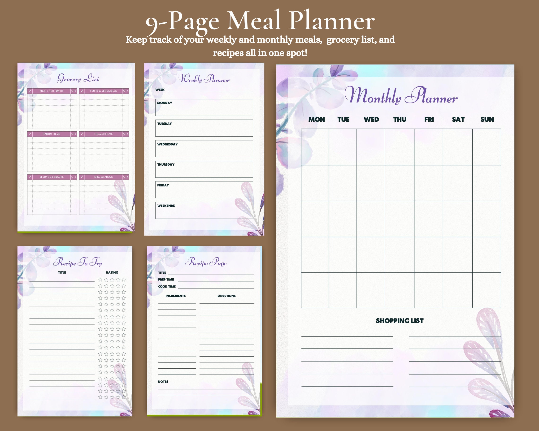 Printable Floral Weekly Meal Planner & Grocery Inventory List, Weekly ...