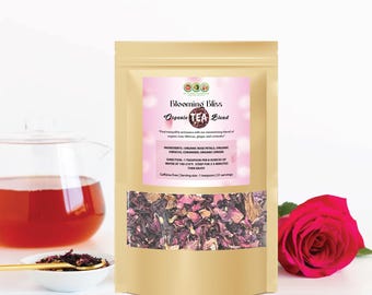 Mezcla de té de hierbas orgánico Blooming Bliss / Pétalos de rosa, hibisco, jengibre y naranja
