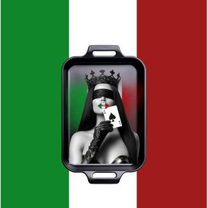 Serving tray with Italian flag | Heart motif & masked queen with ace of spades | Art design in green, white, and red