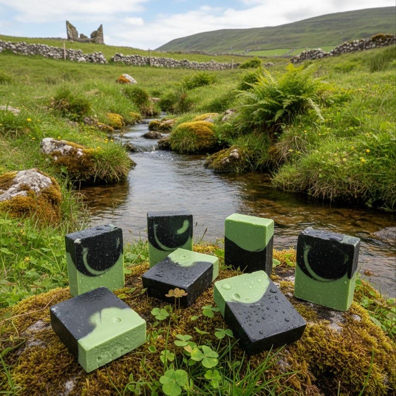 Peut inclure: Plusieurs savons artisanaux bicolores, noirs et verts, avec un motif incurv&eacute;, sont dispos&eacute;s sur un rocher recouvert de mousse pr&egrave;s d'un ruisseau. Le fond pr&eacute;sente un paysage verdoyant avec des ruines.