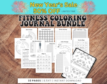 Zestaw Fitness Coloring Journal, strony do druku, strony do cyfrowego planera - format A5 i A4, 33 strony, Fitness Journal, Fitness Tracker