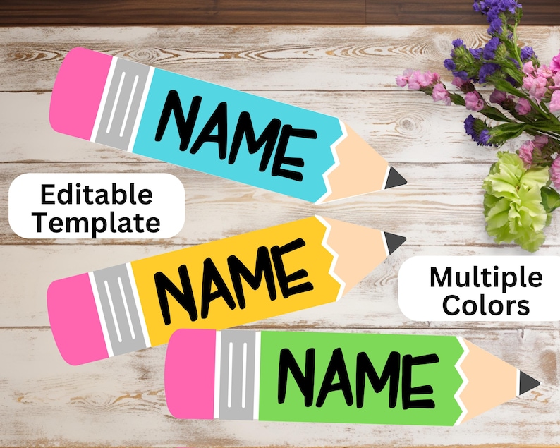 May include: Three colourful pencil-shaped name tags with the word "NAME" in black. The tags are blue, yellow, and green. The tags are editable and can be used for classroom or party decorations.