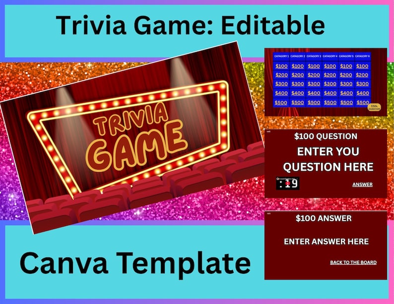 Trivia Backdrop Sample Editable Trivia Game Template | Canva Game Board With 6 Categories ...