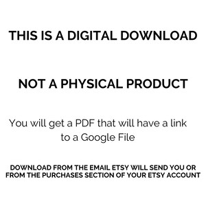 K&ouml;nnte beinhalten: Text auf wei&szlig;em Hintergrund, der lautet: "Dies ist ein digitaler Download. Kein physisches Produkt. Sie erhalten eine PDF-Datei mit einem Link zu einer Google-Datei. Laden Sie die Datei &uuml;ber die E-Mail herunter, die Etsy Ihnen sendet, oder aus dem Kaufbereich Ihres Etsy-Kontos."
