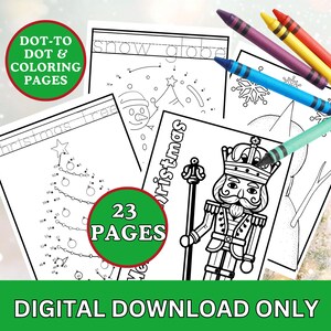 Puede incluir: Un conjunto de 23 páginas para colorear de Navidad imprimibles con una variedad de diseños, que incluyen un árbol de Navidad, un muñeco de nieve, un copo de nieve y un cascanueces. Las páginas son en blanco y negro e incluyen números para una actividad de unir los puntos.