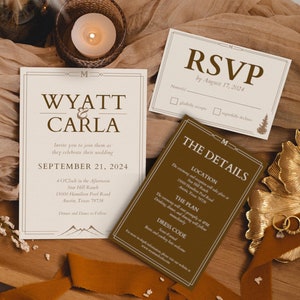 Modèle de suite de faire-part de mariage - western, esthétique montagne - modifiable, téléchargement immédiat