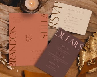 May include: A wedding invitation suite featuring a terracotta-colored invitation card with the names "Brandon" and "Stella" in a serif font. The suite includes RSVP and details cards, with a candle and gold accents.