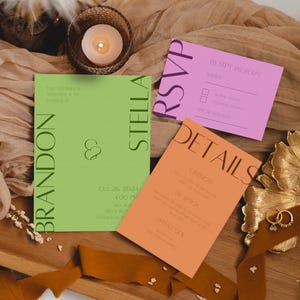 Sjabloon bruiloftsuitnodiging suite - modern, gewaagd, kleurrijk esthetiek - bewerkbaar, direct downloaden