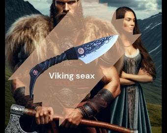 Handgesmeed Vikingmes van koolstofstaal – primitief mes in bushcraft-stijl met handgemaakte leren schede – rustiek, Scandinavisch geïnspireerd buitengereedschap