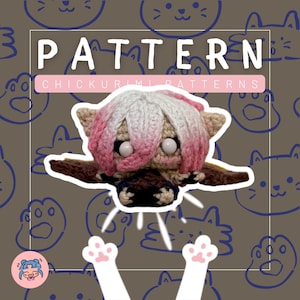 May include: A crocheted doll with a cat-like appearance, featuring a white and pink wig, and large white eyes. The word "PATTERN" is displayed at the top, with "CHICKURIMI PATTERNS" below. The background has a repeating cat face design.
