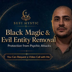 Puede incluir: Un gráfico azul oscuro con un logotipo dorado de loto y luna creciente sobre el texto SUFI MYSTIC, Black Magic & Evil Entity Removal, Protection from Psychic Attacks y You Can Request a Video Call with Me, junto al retrato de un hombre.