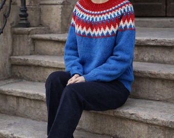 Maglione Fair Isle lavorato a mano – Pullover in lana islandese nordica, maglione con giogo rosso e blu