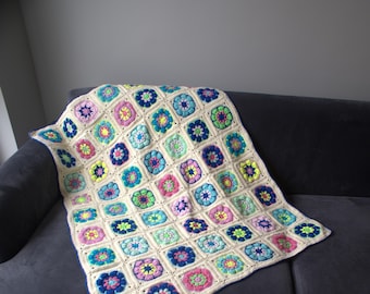 Handmade Crochet Granny Square Blanket: Boho Floral Throw