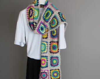 Handmade Colorful Granny Square Crochet Scarf: Boho Winter Accessory