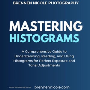 May include: A book cover with a dark blue background features the title "MASTERING HISTOGRAMS" in large white and teal letters. The text below reads "A Comprehensive Guide to Understanding, Reading, and Using Histograms for Perfect Exposure and Tonal Adjustments."