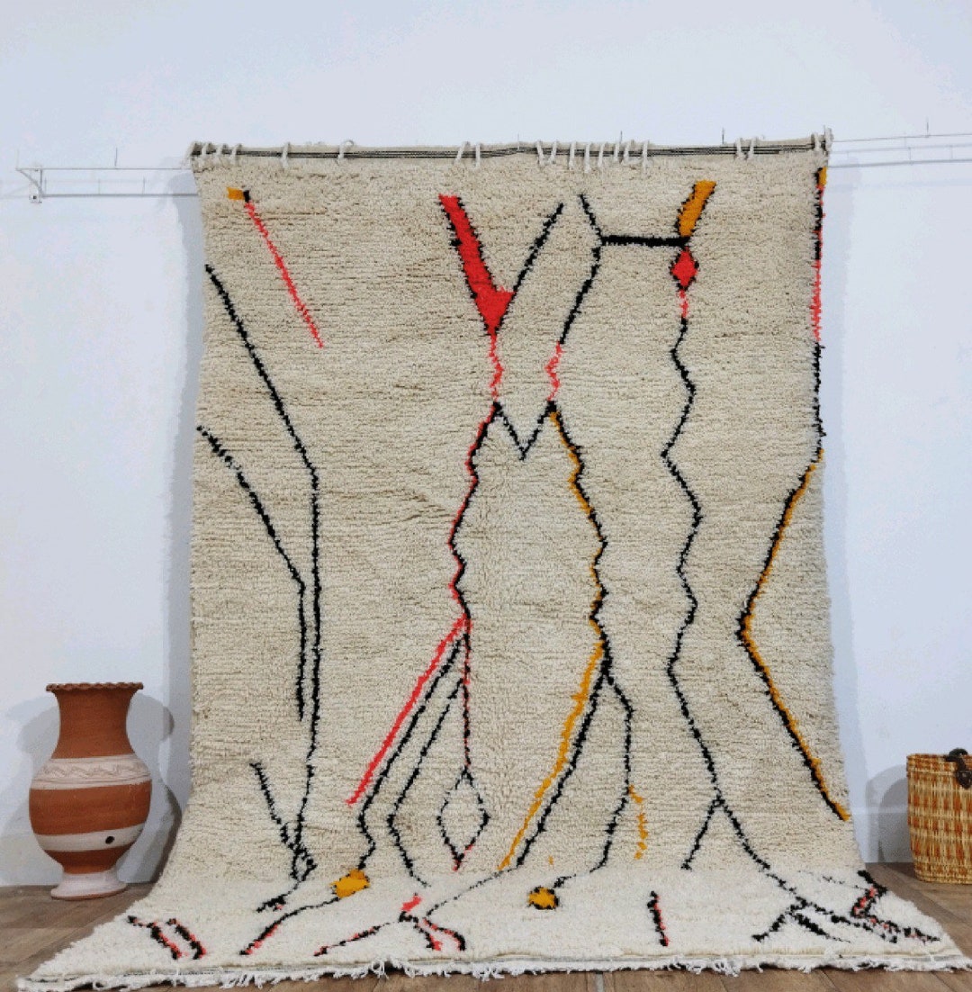 Abstract Moroccan High Atlas Shag Rug Hand-knotted Wool Ivory Carpet ...