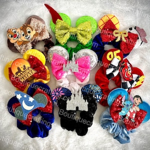 Park Mouse Ear Scrunchies Mickey Ears Disney Park Ears Hair Ties Hair Bows Lilo & Stitch Lion King Peter Pan Chip Dale Toy Story Cars Castle