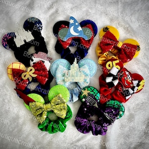 Disney Parks Mouse Ear Scrunchies Mickey Ears Themed Park Ears Hair Ties Hair Bows Stitch Pooh Toy Story Cars Castle Ariel & More Collection