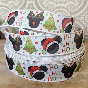 Wired Disney Christmas Ribbon High Quality Linen Ribbon Continuous Yards 1", 1.5" & 2" Wide Mickey Mouse Santa Minnie Heads Ho Ho Ho