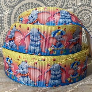 Cinta de grogrén de alta calidad de Disney Dumbo cortada a medida de 1", 1,5" y 2" de ancho. Elefante bebé de circo. Ideal para moños para el cabello y mucho más.
