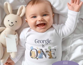 Baby's 1st birthday ~Gift~*Baby Gro , Set , bib vest *Personalised~ Pooh Bear ~ Grey  ~ONE