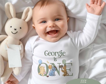 Baby's 1st birthday ~Gift~*Baby Gro , Set , bib vest *Personalised~ Pooh Bear ~ sage ~ONE