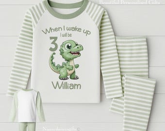 Personalised  Childs ~Kids~Childrens Birthday Pjs ~ sage & white ~ Dinosaur Themed