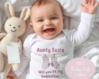 Will you be my Godmother ~Christening ,baptism , naming day  baby Gift  ~Gift~*Baby Gro , Set , bib vest *Personalised~  Pink socks