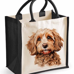 May include: A black and white canvas tote bag featuring an illustration of a brown and white dog. The dog has curly fur and is looking directly at the viewer.