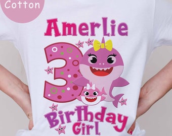 Children's Birthday Girl  T Shirt~ Personalised ~Baby Shark ~pink  text ~ doo doo doo