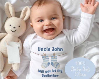 Will you be my Godfather  ~Christening ,baptism , naming day  baby Gift  ~Gift~*Baby Gro , Set , bib vest *Personalised~  Blue socks