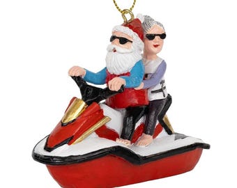 Santa Riding Jet Ski with Mrs Claus Christmas Tree Water Sport Ornament