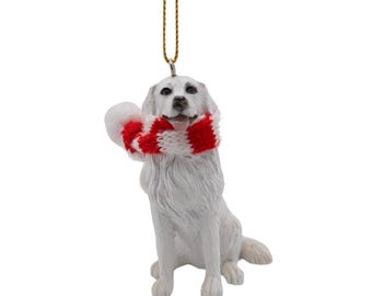 White English Cream Golden Retriever Dog Ornament with Candy Cane Scarf