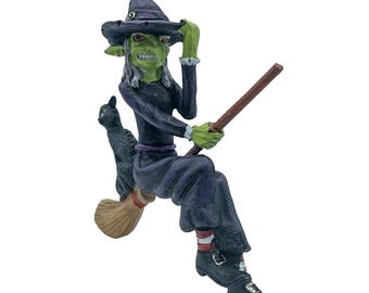 Ugly Scary Witch Flying On Broomstick with Black Cat Halloween Christmas Ornaments