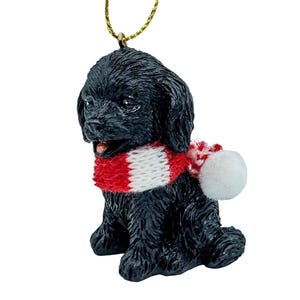 Black Cockapoo Puppy Dog Christmas Tree Ornament with Candy Cane Scarf