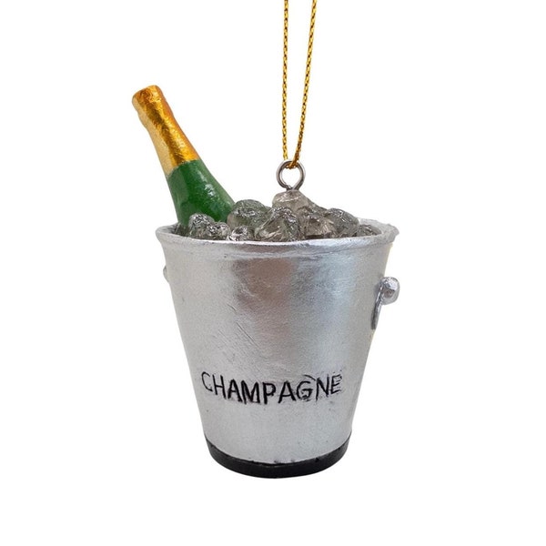 Adorno navideño de celebración de Año Nuevo con botella de champán en balde de hielo