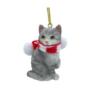 Gray Sliver Tabby Shorthair Kitty Cat Christmas Tree Ornament Cat Lover Gifts with Candy Cane Scarf
