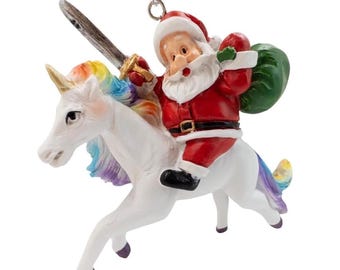 Santa Claus Riding a Unicorn Christmas Tree Fantasy Ornament