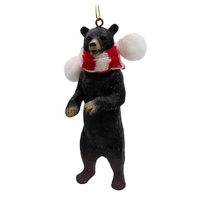 Black Bear Wildlife Animal Christmas Tree Ornament with Candy Cane Fabric Scarf