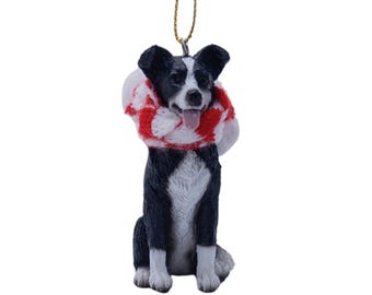 Black and White Border Collie Dog Christmas Ornament with Candy Cane Scarf