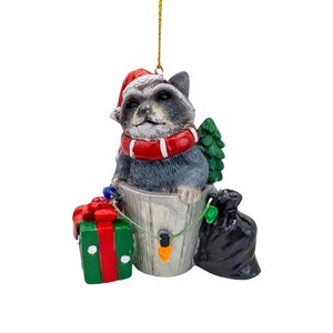 Racoon Celebrating Holidays with Lights Presents Trash Can Christmas Tree Ornament