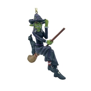 Ugly Scary Witch Flying On Broomstick with Black Cat Halloween Christmas Ornaments