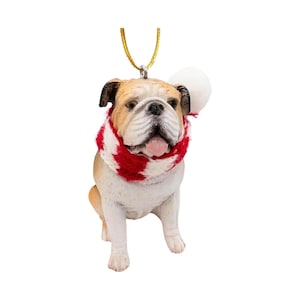 English Bulldog Dog Lovers Christmas Tree Ornament with Candy Cane Scarf