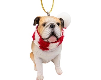 English Bulldog Dog Lovers Christmas Tree Ornament with Candy Cane Scarf